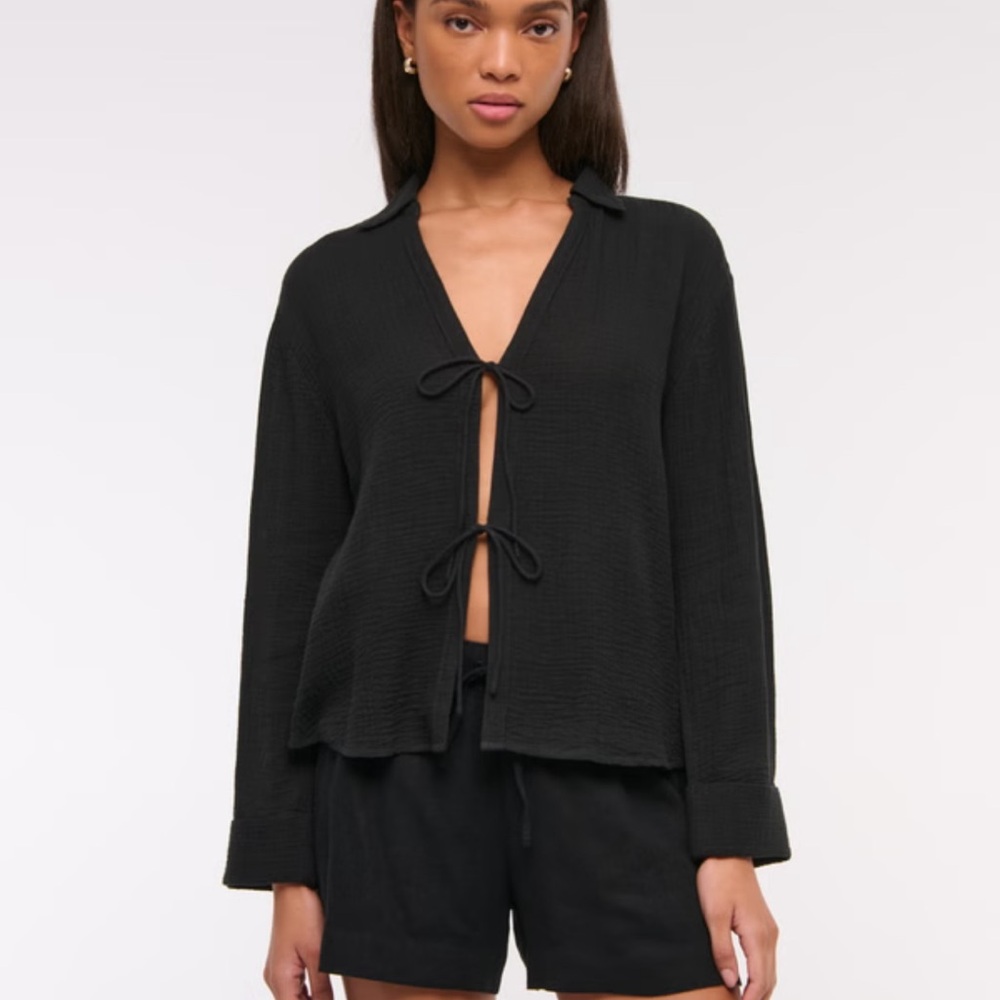 Abercrombie Long-Sleeve Oversized Tie-Front Gauzy Shirt